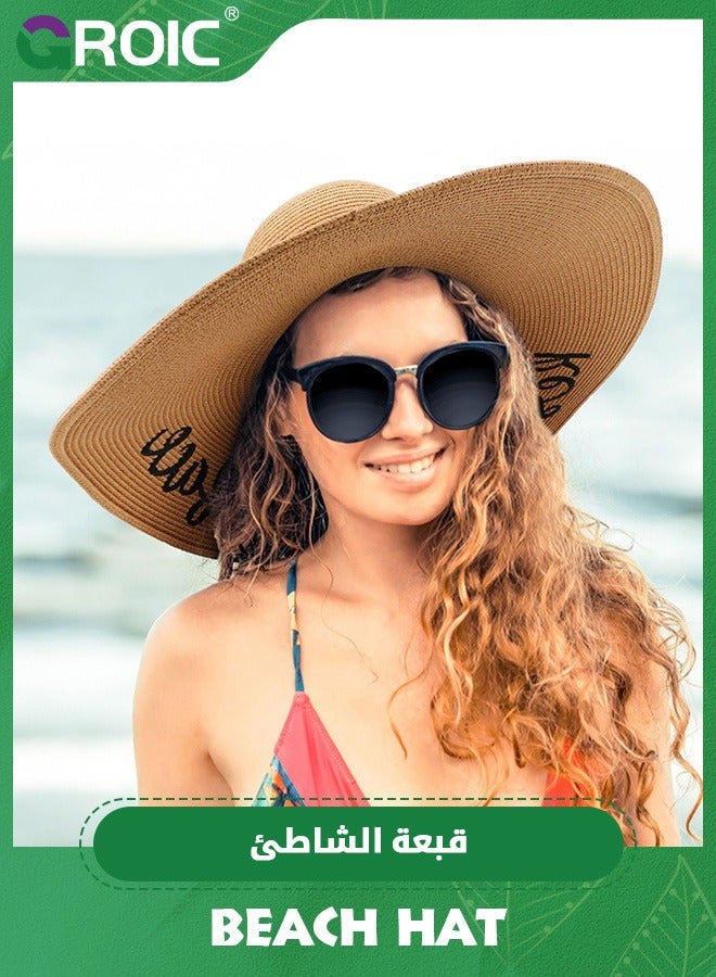 GROIC Sun Hat,Beach Hats for Women Big Straw Wide Brim Summer Hat Floppy Foldable Roll up Cap Sun Hat UPF 50+,Floppy Straw Visor Hat,Summer UV Protection Beach Cap - Image 1