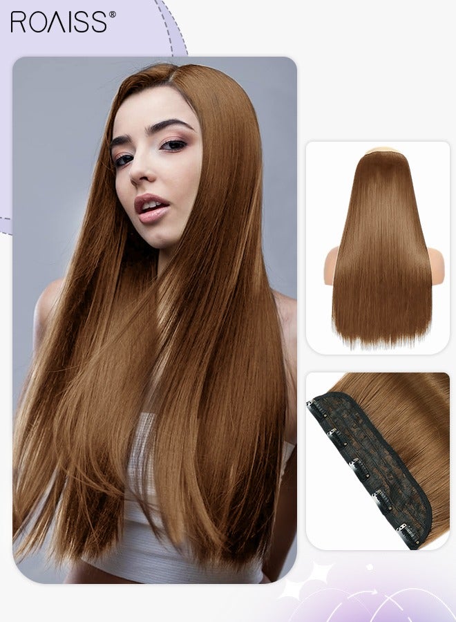 رويس وصلة إطالة شعر مع 5 مشابك، وصلات شعر صناعية مستقيمة منفوشة غير مرئية قابلة للتعديل ومقاومة للحرارة لزيادة الطول والحجم فورًا للفتيات والنساء، بني مصفر، 56 سم (22 بوصة) - Image 1