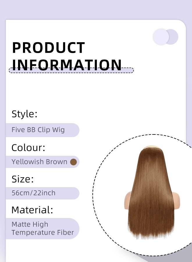 رويس وصلة إطالة شعر مع 5 مشابك، وصلات شعر صناعية مستقيمة منفوشة غير مرئية قابلة للتعديل ومقاومة للحرارة لزيادة الطول والحجم فورًا للفتيات والنساء، بني مصفر، 56 سم (22 بوصة) - Image 3
