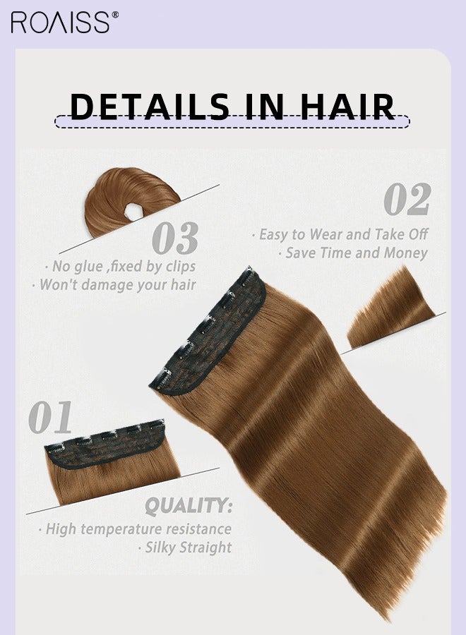 رويس وصلة إطالة شعر مع 5 مشابك، وصلات شعر صناعية مستقيمة منفوشة غير مرئية قابلة للتعديل ومقاومة للحرارة لزيادة الطول والحجم فورًا للفتيات والنساء، بني مصفر، 56 سم (22 بوصة) - Image 4