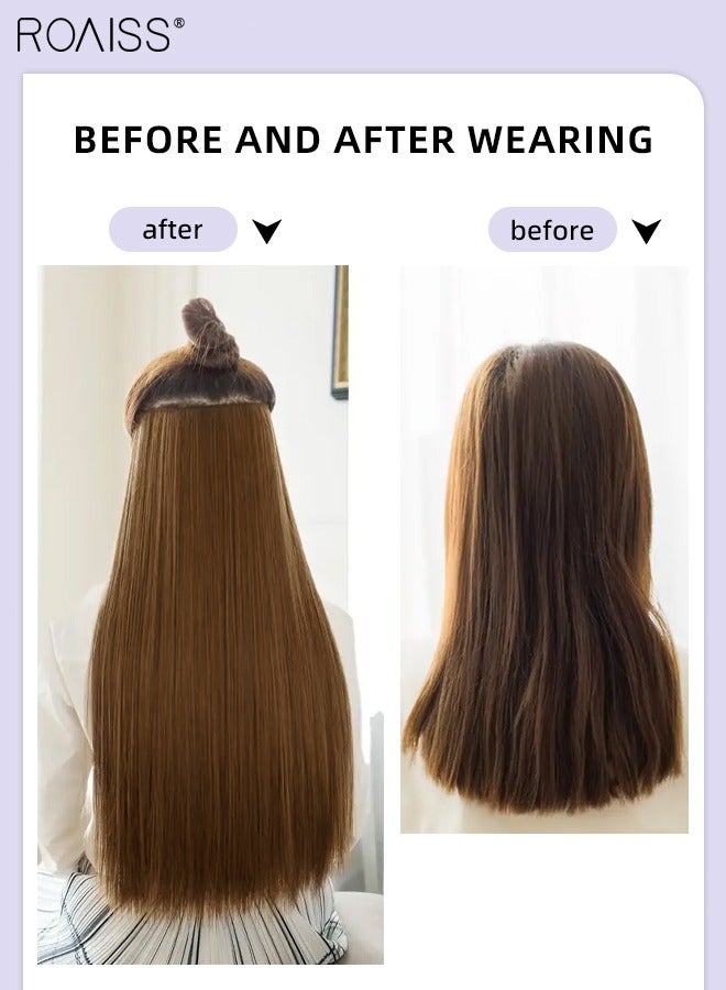 رويس وصلة إطالة شعر مع 5 مشابك، وصلات شعر صناعية مستقيمة منفوشة غير مرئية قابلة للتعديل ومقاومة للحرارة لزيادة الطول والحجم فورًا للفتيات والنساء، بني مصفر، 56 سم (22 بوصة) - Image 2
