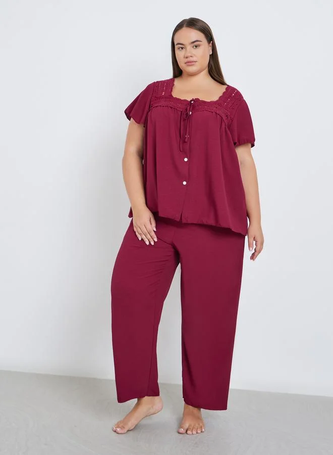 Styli Styli Plus Burgundy Lace Detail Top and Pyjama Set