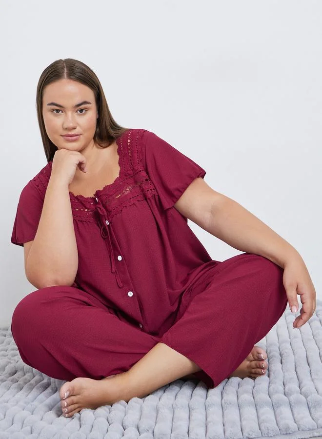 Styli Styli Plus Burgundy Lace Detail Top and Pyjama Set
