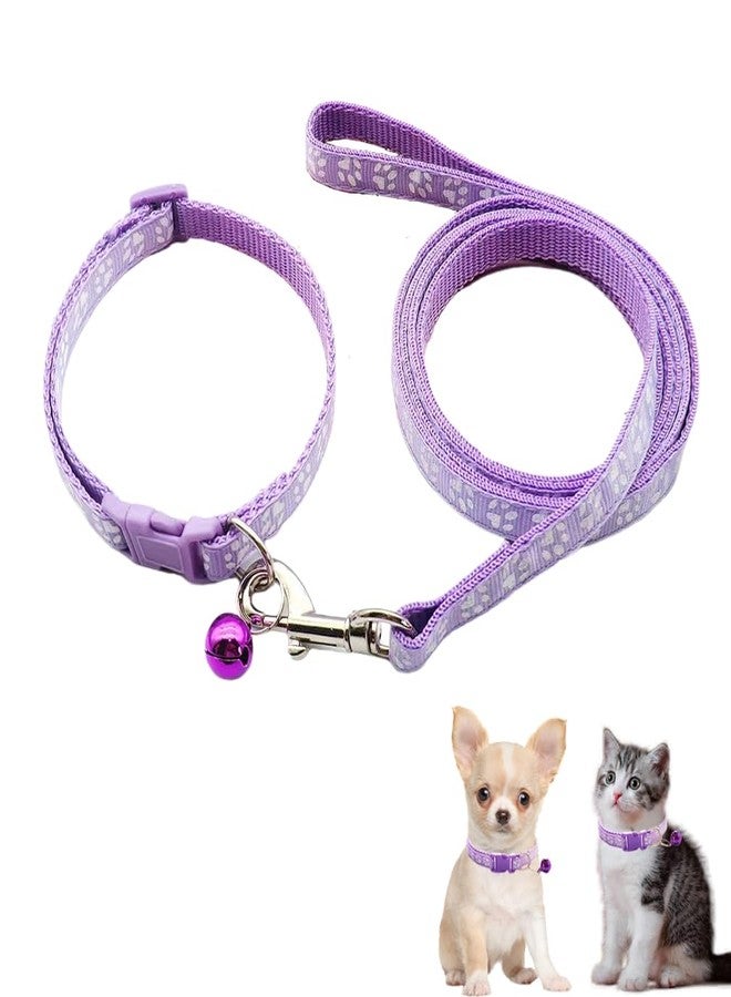 cyhaen XXS Dog Collar with Bell Leash Set, Nylon Paw Print Cat Collar and Leash Adjustable Buckle for Xs XSmall Small Puppy Dogs Girl Kitten Yorkie Chihuahua X-Small,Pale Purple - Image 1