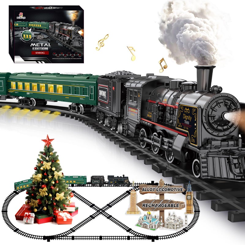 BUBUQE Electric Train Sets for Kids Metal Alloy Christmas Train Toys Steam Locomotive Glowing Passenger Carriages Luxury Tracks Light Sounds Rechargeable Birthday Gifts for Boys Girls Red Green - Image 3