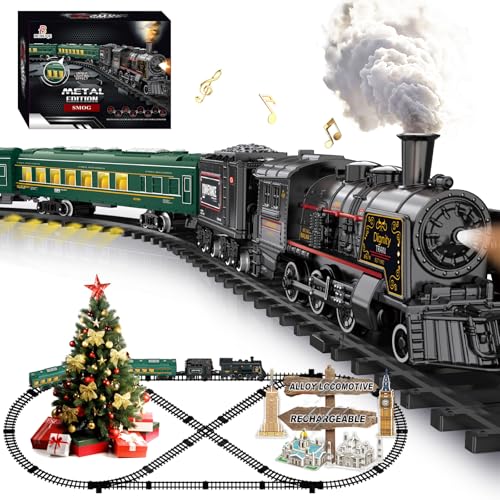 BUBUQE Electric Train Sets for Kids Metal Alloy Christmas Train Toys Steam Locomotive Glowing Passenger Carriages Luxury Tracks Light Sounds Rechargeable Birthday Gifts for Boys Girls Red Green - Image 1