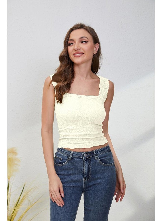 MISSACTIVER Women Square Neck Wide Straps Crop Tank Tops Casual Floral Sleeveless Lettuce Trim Slim Fit Crop Cami Vest Tops, Ivory, S - Image 3