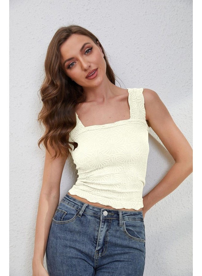 MISSACTIVER Women Square Neck Wide Straps Crop Tank Tops Casual Floral Sleeveless Lettuce Trim Slim Fit Crop Cami Vest Tops, Ivory, S - Image 2