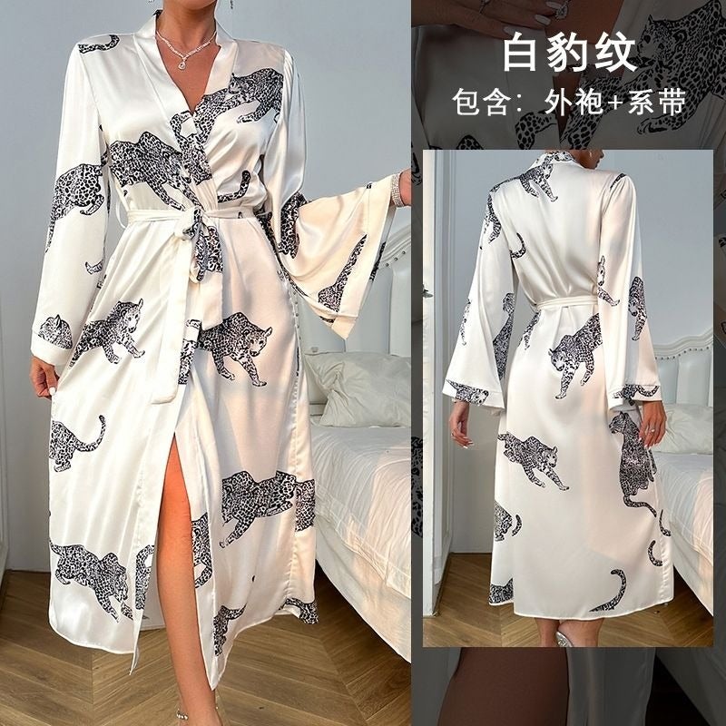 CME Tall-Height Exclusive Leopard Retro Sexy Pajamas Spring/Autumn New Style Casual High-Quality Nightgown Bathrobe Long - Image 1
