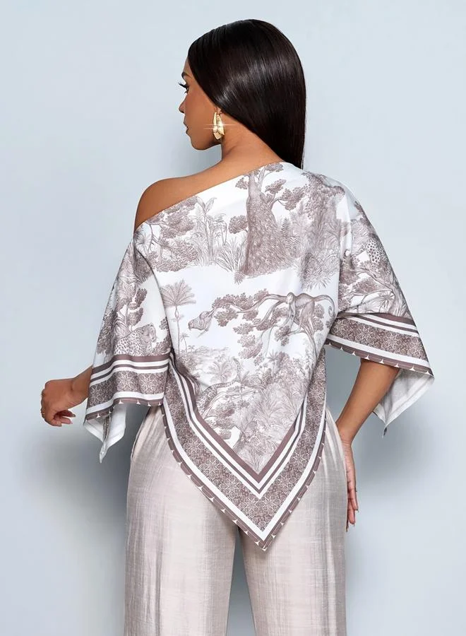 تايك تو Beige Asymmetric Hem Printed Top
