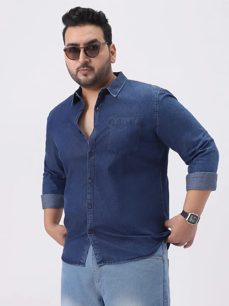 Urbano Plus Men's Dark Blue Regular Fit Full Sleeve Washed Denim Shirt