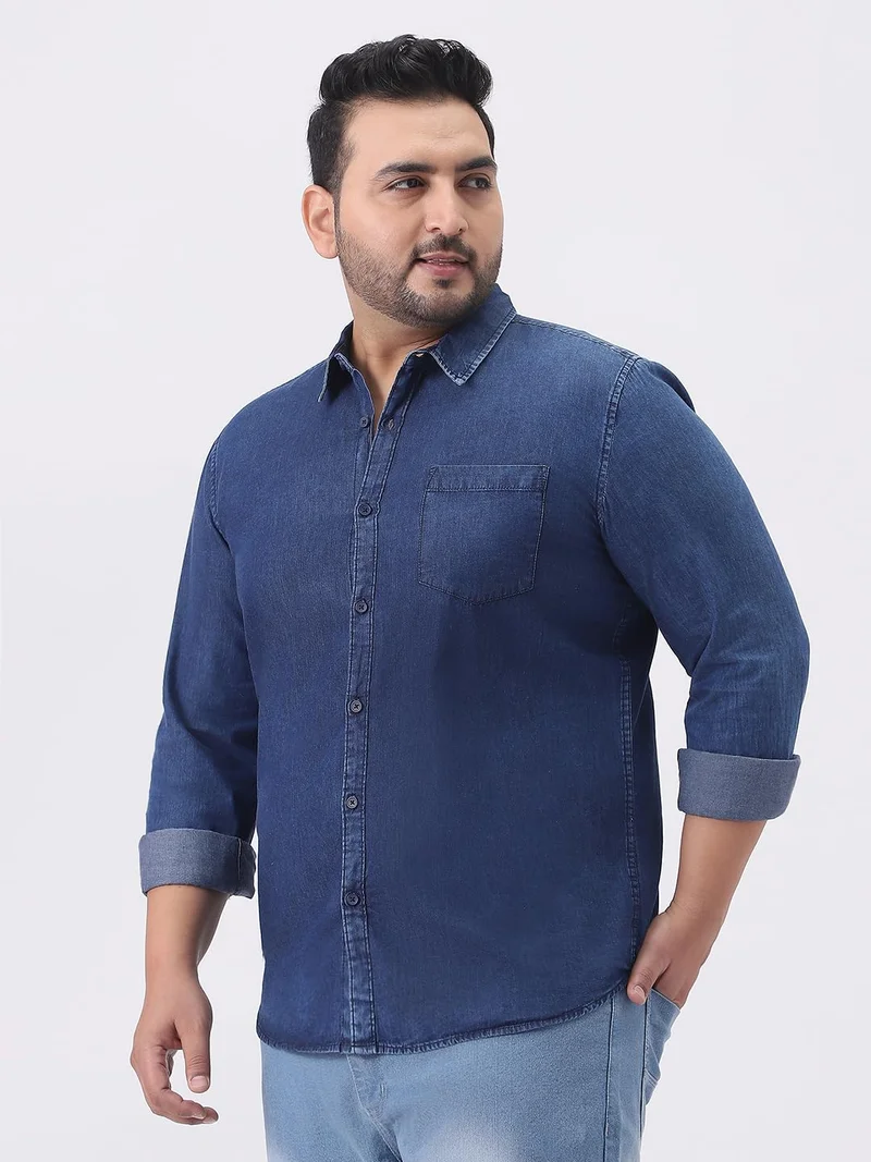 Urbano Fashion  Urbano Plus Men's Dark Blue Regular Fit Full Sleeve Washed Denim Shirt  | Best Price UAE
