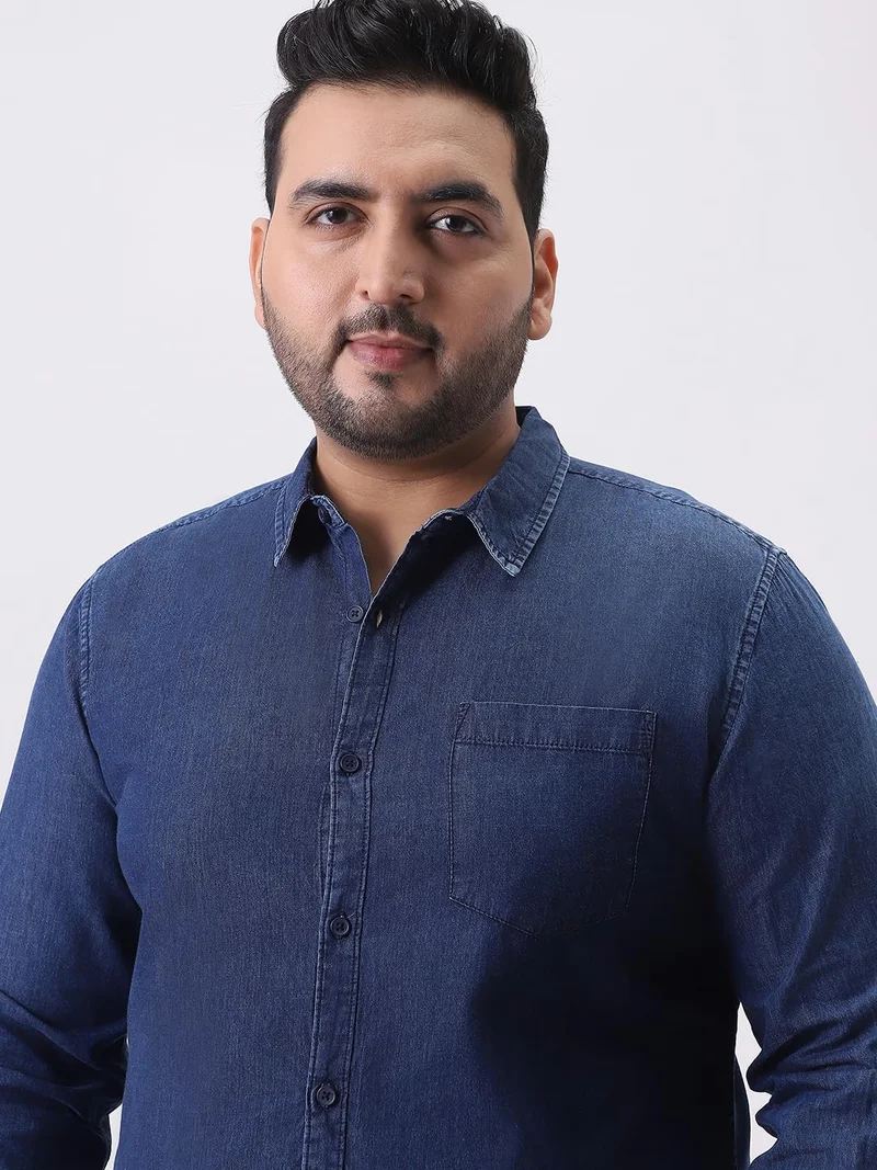 Urbano Fashion  Urbano Plus Men's Dark Blue Regular Fit Full Sleeve Washed Denim Shirt  | Best Price UAE