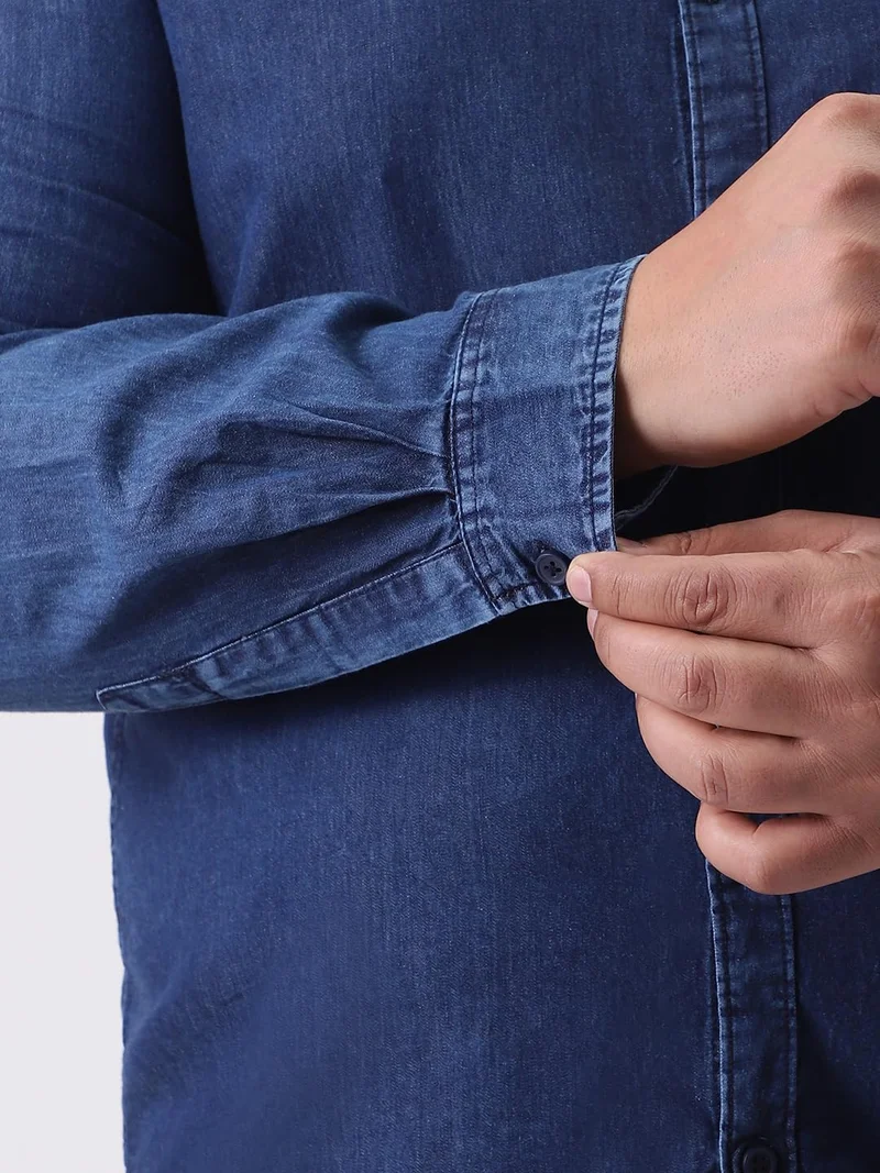 Urbano Fashion  Urbano Plus Men's Dark Blue Regular Fit Full Sleeve Washed Denim Shirt  | Best Price UAE