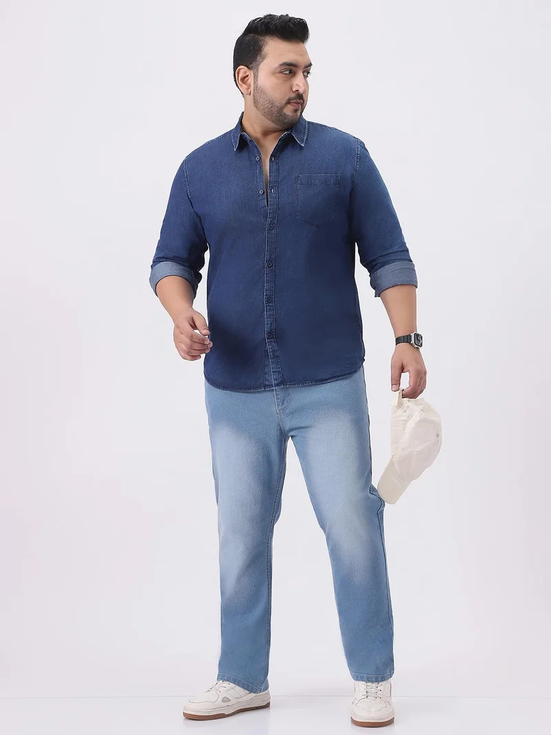 Urbano Fashion  Urbano Plus Men's Dark Blue Regular Fit Full Sleeve Washed Denim Shirt  | Best Price UAE