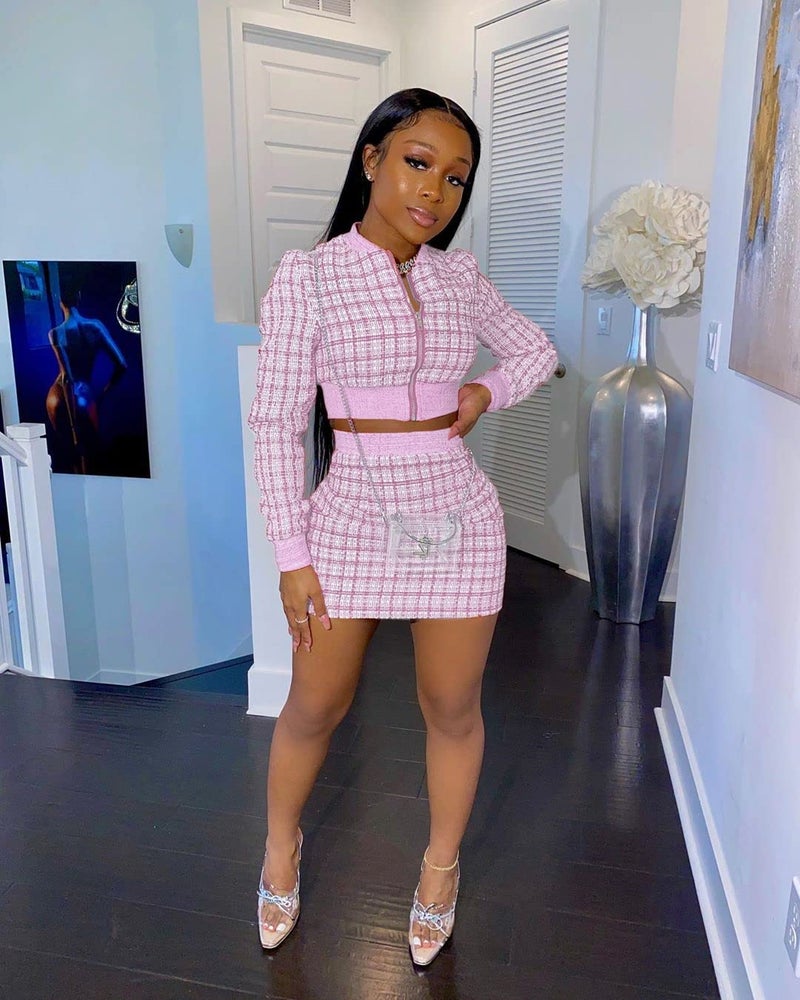 THLAI Women 2 Piece Skirt Set Long Sleeve Jacket Crop Top and Bodycon Mini Skirt Set Pink Party Outfits Birthday Suits - Image 2