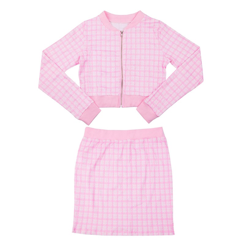 THLAI Women 2 Piece Skirt Set Long Sleeve Jacket Crop Top and Bodycon Mini Skirt Set Pink Party Outfits Birthday Suits - Image 3