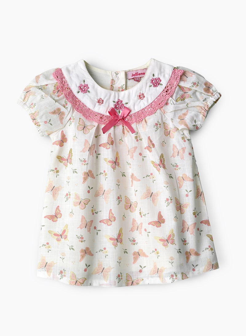 Jelliene Girls White Butterfly Printed Cotton Dress  - Image 1