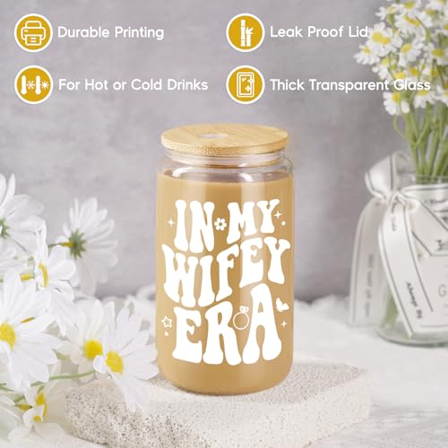 Fairy's Gift Wifey Era Cup, Wedding, Bride Gifts for Her, Bridal Shower, Engagement Gifts for Women, Couples, 16 oz Coffee Glass Cups w/Lids Straws, Bachelorette Presents for Bride to be, Future Mrs - Image 2