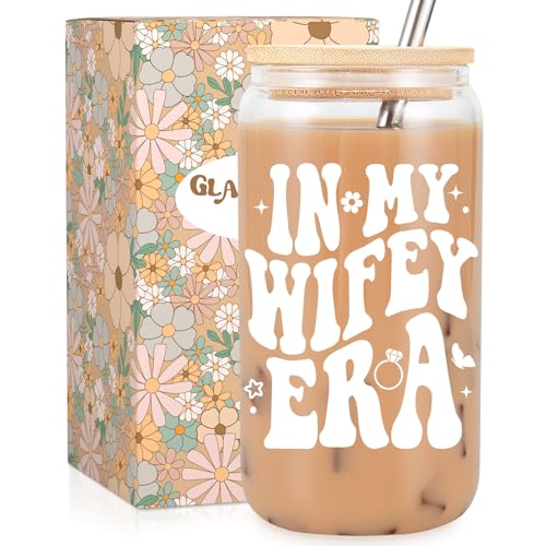 Fairy's Gift Wifey Era Cup, Wedding, Bride Gifts for Her, Bridal Shower, Engagement Gifts for Women, Couples, 16 oz Coffee Glass Cups w/Lids Straws, Bachelorette Presents for Bride to be, Future Mrs - Image 1