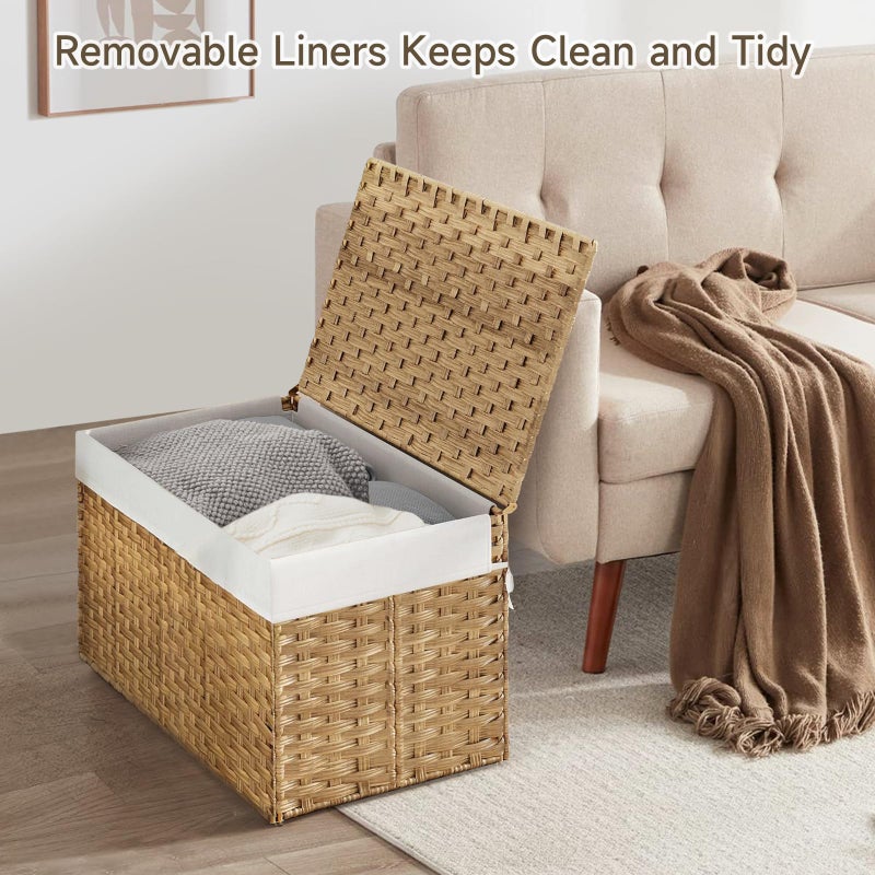 Hiagnete 180L Wicker Storage Basket with Lid, Handwoven Rattan Large Shelf Basket with Removable Liner, 47.6 Gallon Wicker Basket for Blanket, Storage Trunk with Handle for Closet, Bedroom, Livingroom, Natural - Image 2