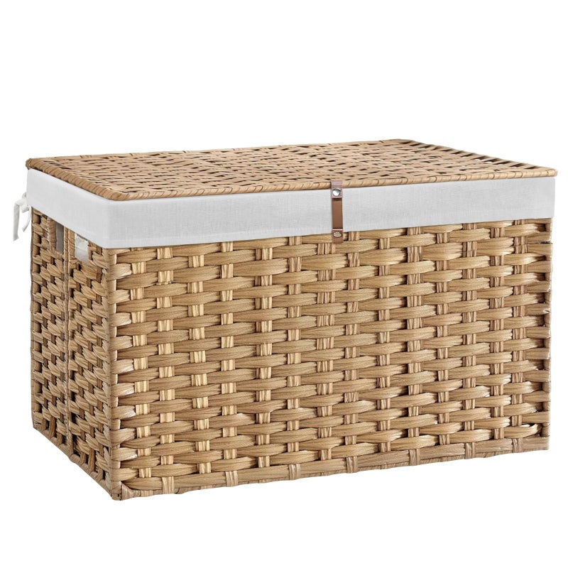 Hiagnete 180L Wicker Storage Basket with Lid, Handwoven Rattan Large Shelf Basket with Removable Liner, 47.6 Gallon Wicker Basket for Blanket, Storage Trunk with Handle for Closet, Bedroom, Livingroom, Natural - Image 1