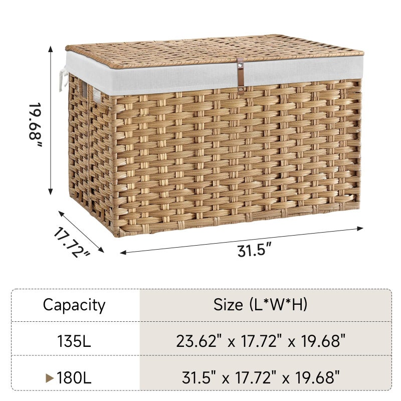 Hiagnete 180L Wicker Storage Basket with Lid, Handwoven Rattan Large Shelf Basket with Removable Liner, 47.6 Gallon Wicker Basket for Blanket, Storage Trunk with Handle for Closet, Bedroom, Livingroom, Natural - Image 5