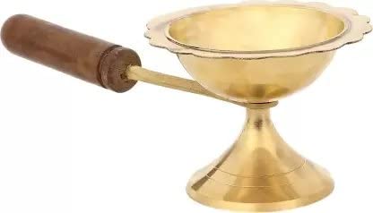 ROLIMOLI Pure Brass Home Purifying Incense Burner Lobandan Brass Dhuna dhuni Brass Wood Table Diya Length 6 inch Height 225 inch - Image 2