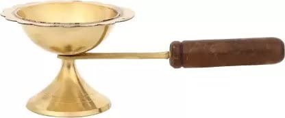 ROLIMOLI Pure Brass Home Purifying Incense Burner Lobandan Brass Dhuna dhuni Brass Wood Table Diya Length 6 inch Height 225 inch - Image 1
