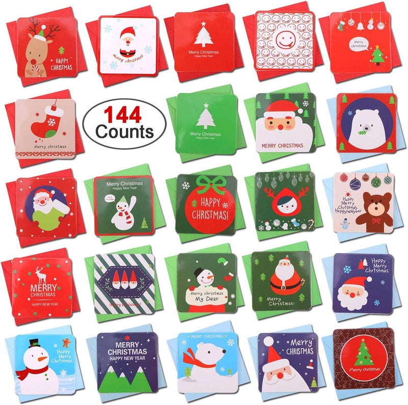 Konsait بطاقات عيد الميلاد الصغيرة من كونسايت 144 قطعة - عيد ميلاد سعيد - بطاقات تهنئة متنوعة - بطاقات ملاحظة فارغة مع أظرف - مثالية للأطفال - صندوق هدايا - لوازم حفلات عيد الميلاد الشتوية - Image 1
