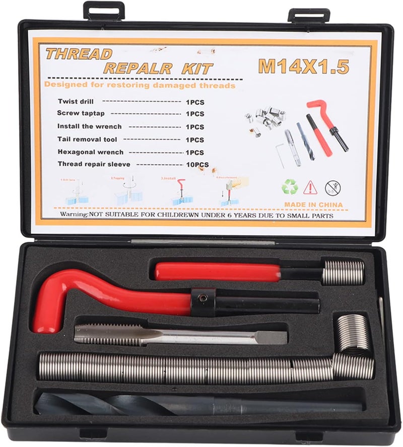 15 Piece Portable Thread Chaser Set, M14x1 5 Thread Repair Kit, Stainless Steel Female Thread Inserts Assortment, Thread Metric Inserts Repair Kits, Compatible Hand Tool Set for Auto Repairing - Image 1