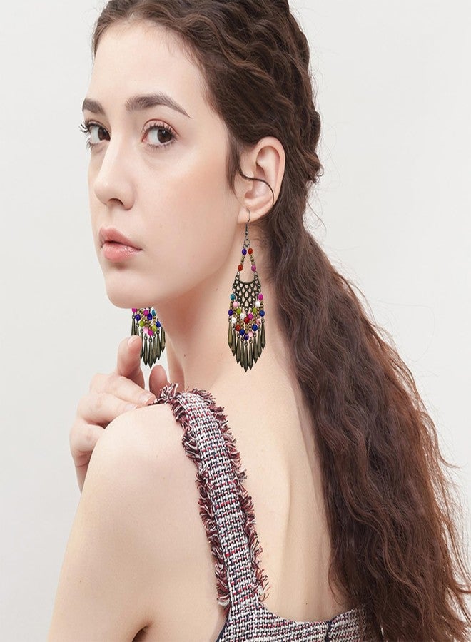 KVANU Handmade Vintage Bronze Bohemian Long Tassel Colorful Bead Dangle Drop Earrings Big Tribal Chandelier Geometry Hook Earrings for Women Statement Jewelry Gifts, 100mm x 30mm, Metal - Image 4