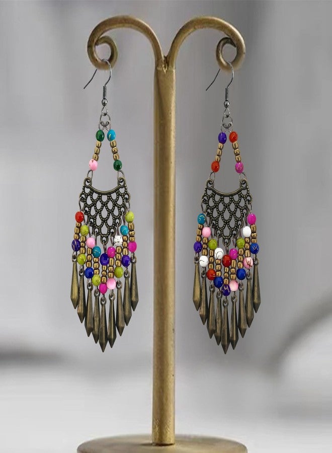 KVANU Handmade Vintage Bronze Bohemian Long Tassel Colorful Bead Dangle Drop Earrings Big Tribal Chandelier Geometry Hook Earrings for Women Statement Jewelry Gifts, 100mm x 30mm, Metal - Image 3