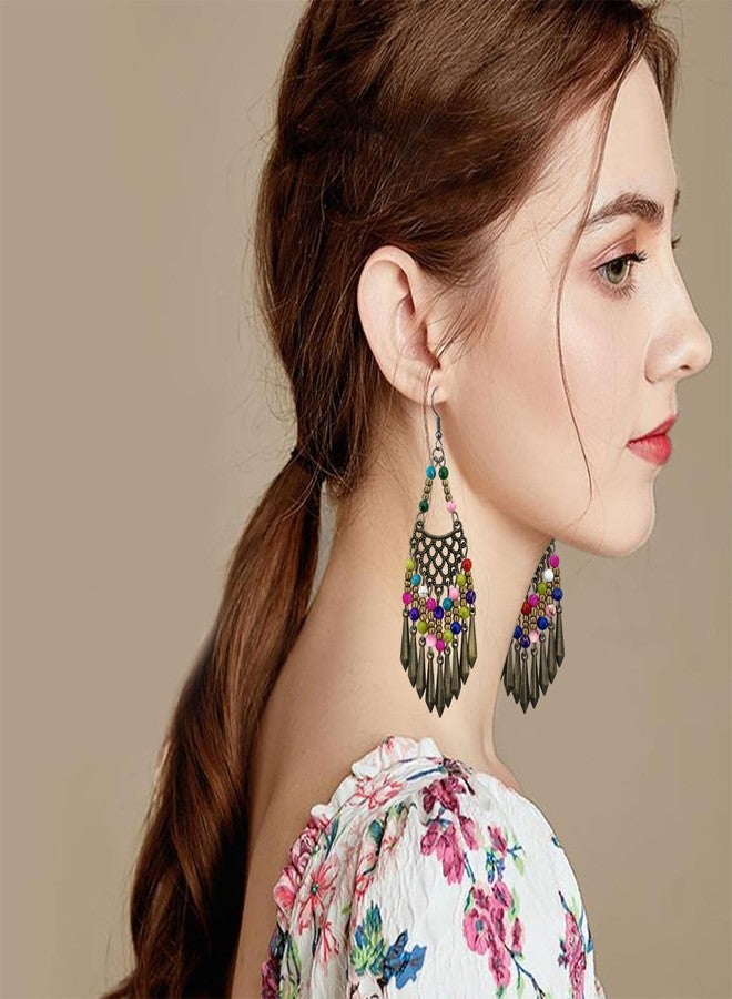 KVANU Handmade Vintage Bronze Bohemian Long Tassel Colorful Bead Dangle Drop Earrings Big Tribal Chandelier Geometry Hook Earrings for Women Statement Jewelry Gifts, 100mm x 30mm, Metal - Image 5
