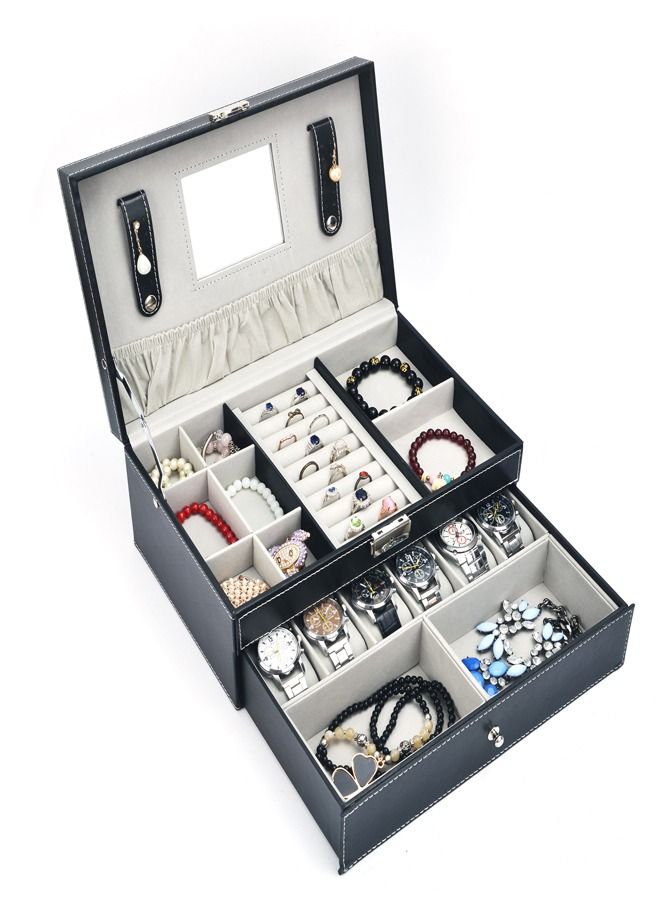 PADOM صندوق ساعة بادوم مع غطاء زجاجي، 12 فتحة من جلد البولي يوريثان، منظم للساعة من طبقتين مع درج مجوهرات للتخزين والعرض (بدون نافذة) - Image 2