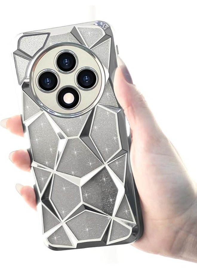 Compatible with Oppo Reno12 F/Reno 12F Case Plating Bling Gradient Glitter Clear Cover Soft TPU Silicone Cute Camera Protection Shockproof Back for Women Girls Case - Silver