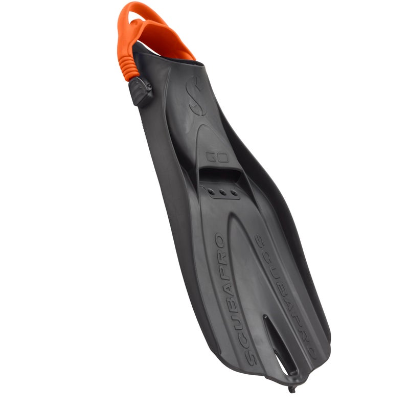 SCUBAPRO GO Travel Scuba Diving Fin for Snorkeling, Diving and Swimming, Black Fin with Orange Bungee Open Heel Strap, XL - Image 1