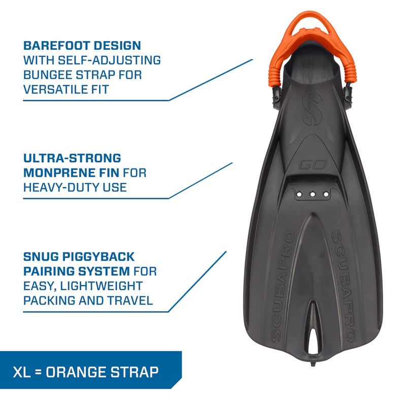 SCUBAPRO GO Travel Scuba Diving Fin for Snorkeling, Diving and Swimming, Black Fin with Orange Bungee Open Heel Strap, XL - Image 4