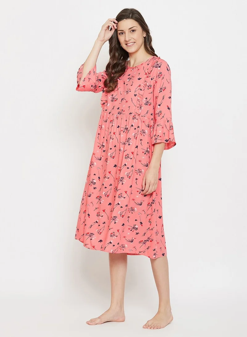 كلوفيا Clovia Feeding Pretty Florals Mid Length Maternity Nightdress In Pink - Cotton Rich