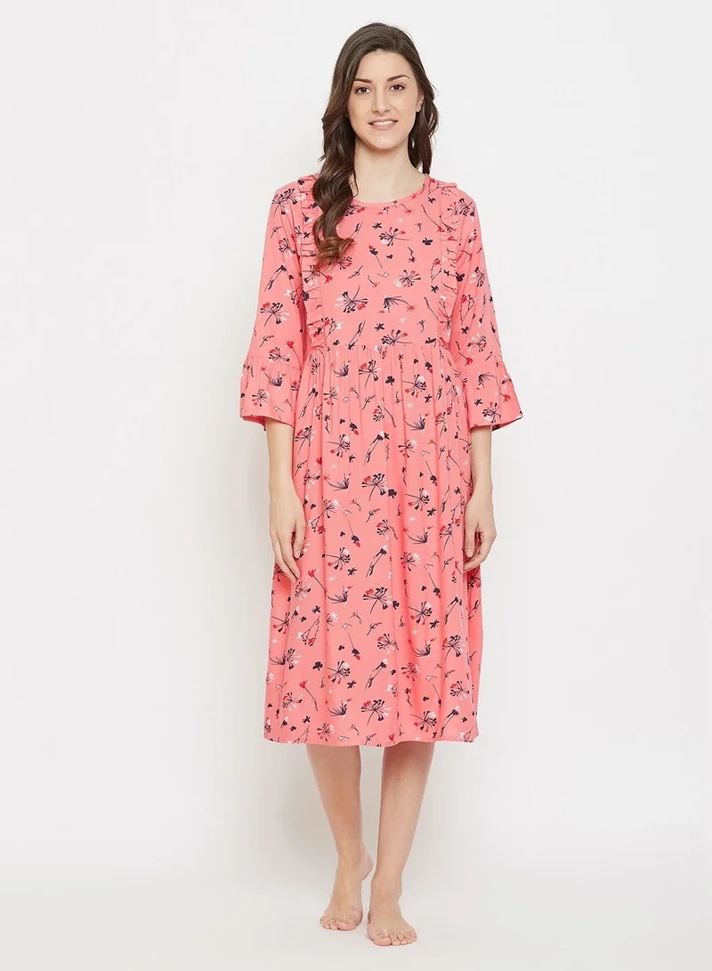 كلوفيا Clovia Feeding Pretty Florals Mid Length Maternity Nightdress In Pink - Cotton Rich