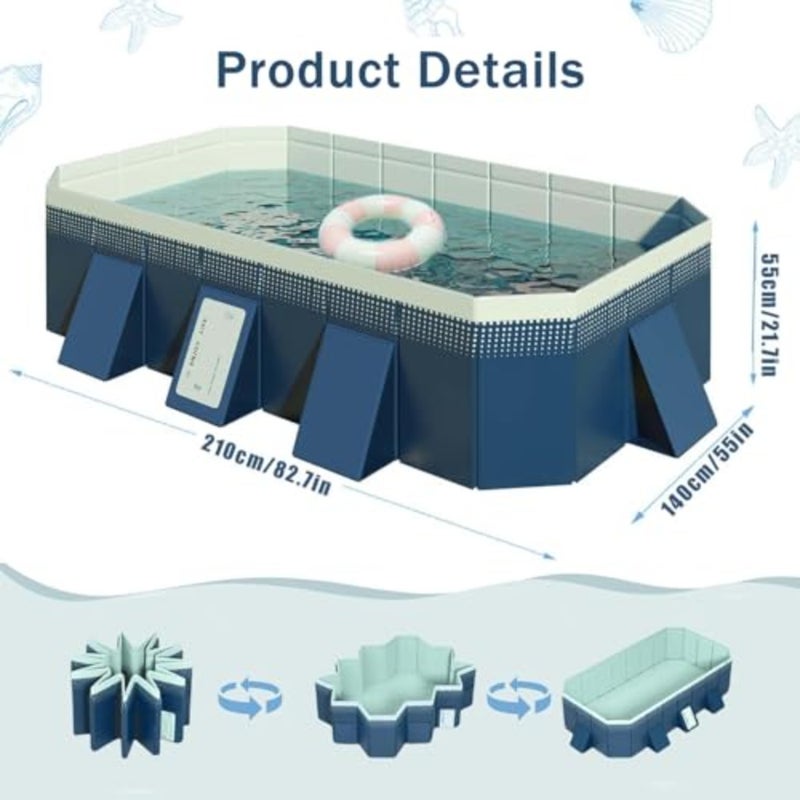 Foldable Swimming Pool, Non-Inflatable'and Adults' Outdoor Swimming Pool, Quick Setup Easy Storage, for Indoor, Outdoor, Beach, Backyard, Garden 210 * 140 * 55cm - Image 2