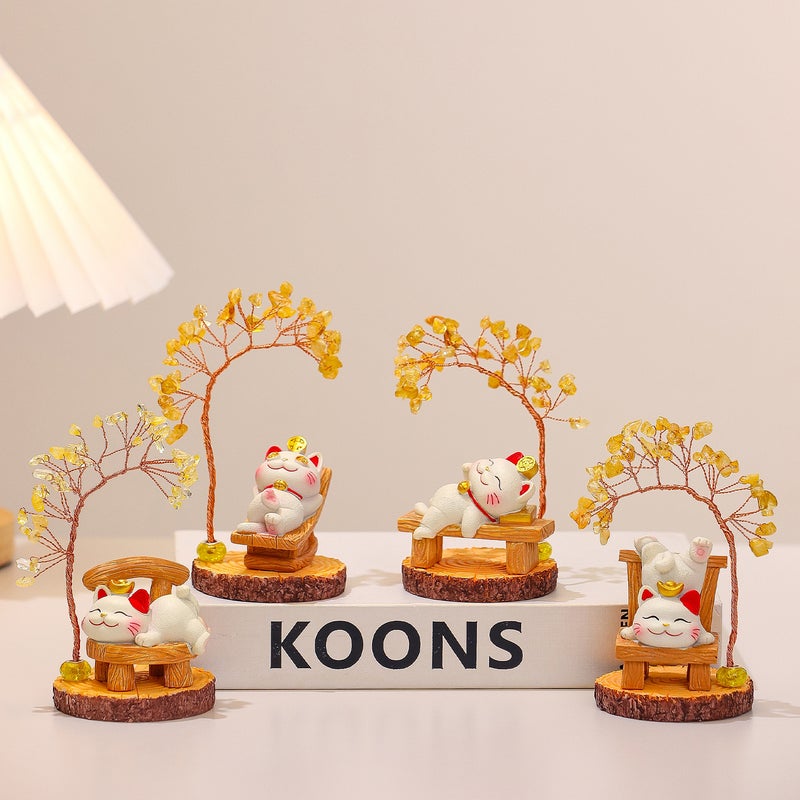 Fortune Cat Resin Money Tree Decoration Ornament Gift - Image 1