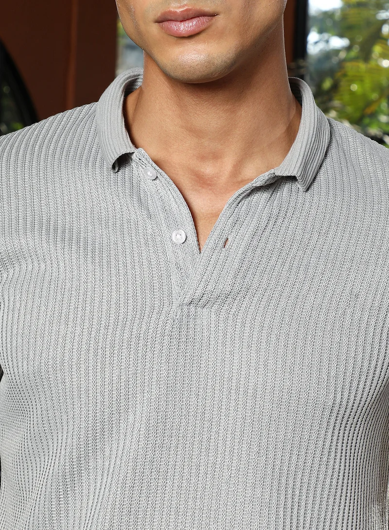 Campus Sutra Men Solid Ribbed Polo T-Shirt | Jacquard Polo Neck , Short Jacquard Cuff Sleeves | Half-Button Closure Straight Hem | Solid Jacquard | Knitted Fabric For Casual & Daily Wear | Coin Grey