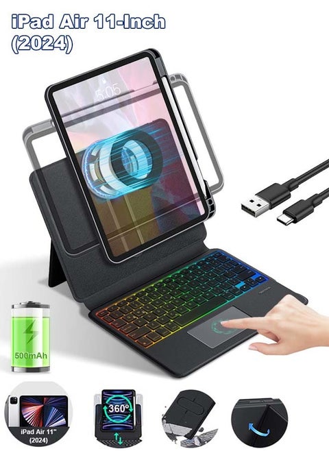 Magic Keyboard Case for iPad Air 11-Inch (2024),Tablet Keyboard with Portable Magnetic Detachable Protective Case/Slide Design/360° Rotating Screen/Smart Trackpad/Seven Backlit Colors/Auto Sleep Function,Rechargeable Wireless Bluetooth Keyboard (2-IN-1 / English )