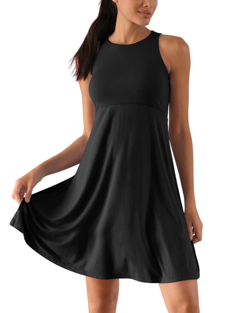 ODODOS Casual Flare Tank Dress for Women Summer Sleeveless Sundress Mini Skater Dress, Black, Small - Image 1