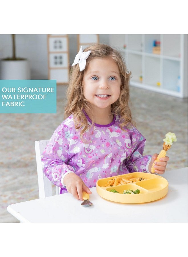 Bumkins Sleeved Bib for Girl or Boy, Baby and Toddler for 6-24 Mos Essential Must Have for Eating, Feeding, Baby-Led Weaning Supplies, Long Sleeve Mess Saving Food Catcher, Soft Fabric, Unicorn Purple - Image 3