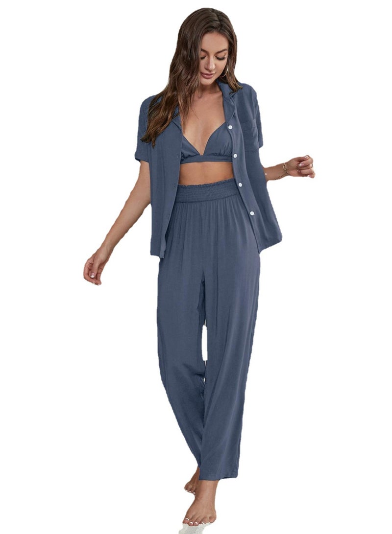 Loquat Women's Elegent Solid Color 3-Piece Set Nightgown Short Sleeve Top And Bra and Pants  Soft Loungewear Pajamas Suit Grey  - Image 1