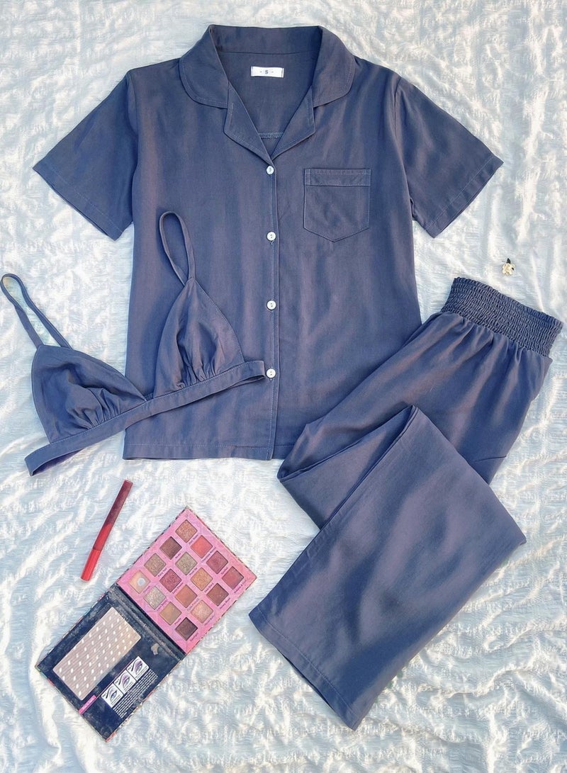 Loquat Women's Elegent Solid Color 3-Piece Set Nightgown Short Sleeve Top And Bra and Pants  Soft Loungewear Pajamas Suit Grey  - Image 2