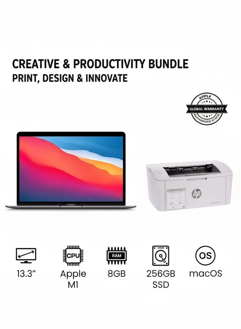 Apple MacBook Air MGN63 With 13-Inch Display, M1 Chip With 8-Core Processor And 7-Core Graphics/8GB RAM DDR4/256GB SSD/English Arabic Keyboard English/Arabic Space Grey & LaserJet M111w Black & White Multifunction Localization Printer, Print Speed Up To 20 ppm, 100 Sheets Output Capacity, 8000 Pages Monthly Cycle, USB / Wireless Connectivity and Perfect For Home | 7Md68A - WhiteBundle - Image 1