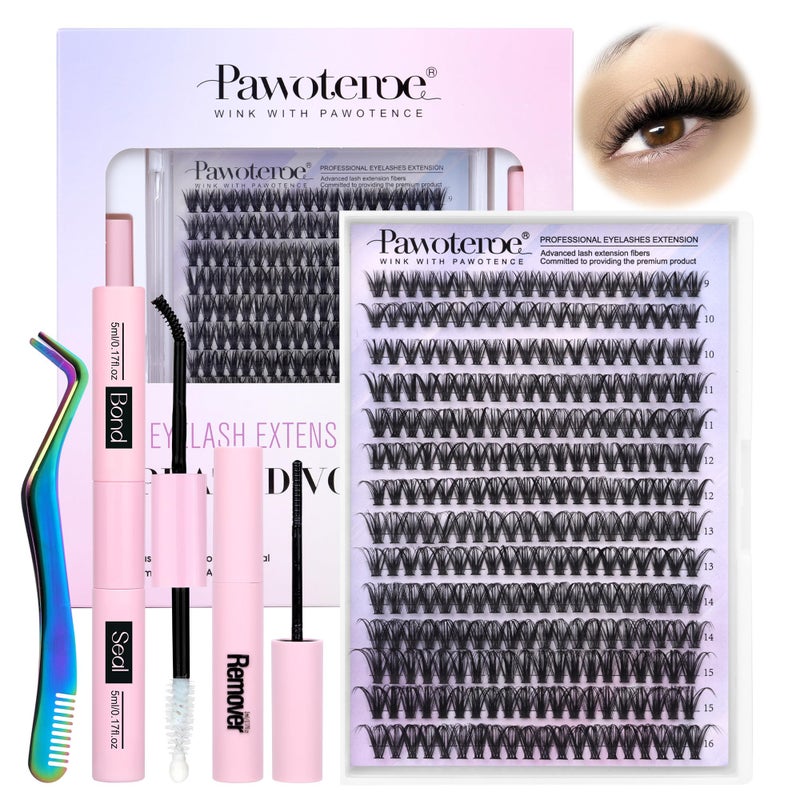 Pawotence Lash Extension Kit DIY 280pcs Individual Lash Clusters Kit 916mm 40D Cluster Eyelash Extension Kit with Lash Bond and Seal Lash Remover Lash Tweezers for Self Use 40D 916mm All Kit